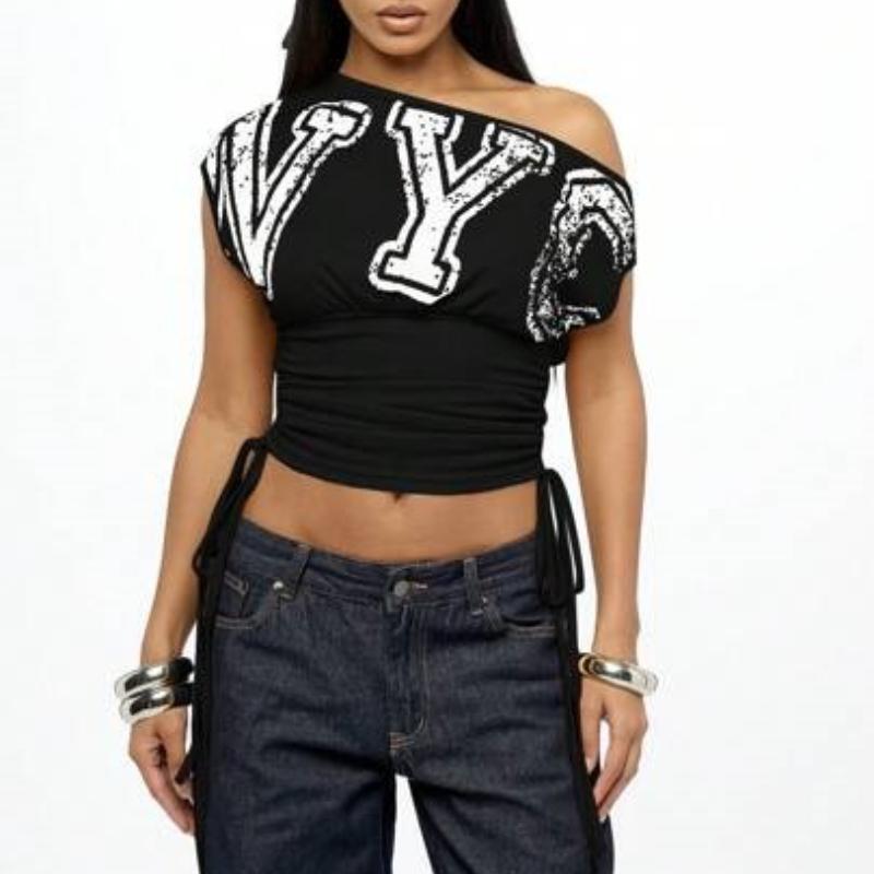 Europäisches und amerikanisches Sommer schräges Schulter off-shoulder Buchstaben bedrucktes taillienbetontes Tunnelzug Falten Top