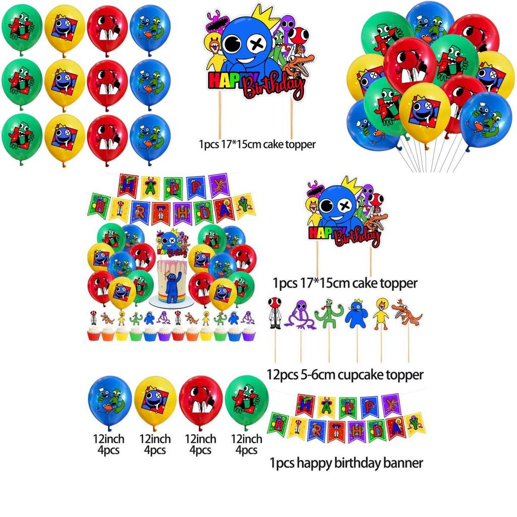 All-in-one Party Supplies Set Includes 26 Pieces Of The Rainbow Friends Theme Including Flags Big And Small Cake Toppers And Mixed Color Balloons.