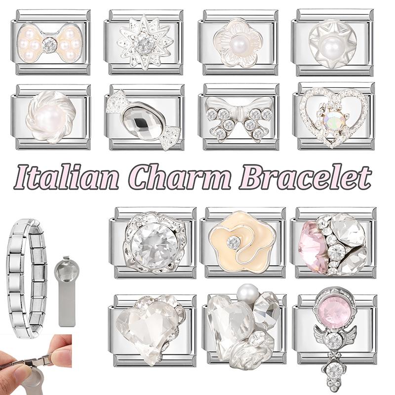 Zircon Pearl Heart Bow Candy Flower Butterfly Italian Charm Links Fit 9mm Stainless Steel Bracelet Personalized DIY Making Gifts