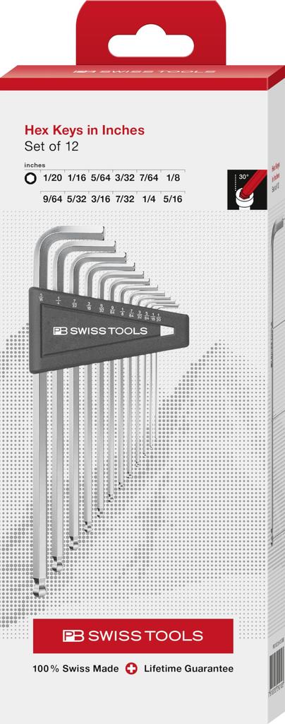 PB Swiss Tools Ball Head Hex Wrench Set with Inch Size 12-Piece L-Shaped Holder, 212Z.LH-12CBB