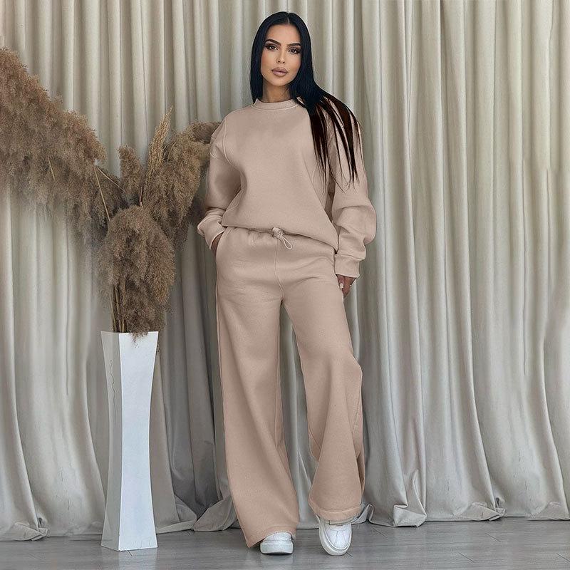 2024 podzim a zima nové jednobarevné kulatý výstřih s dlouhým rukávem volné dámské oblečení módní ležérní sada širokých kalhot