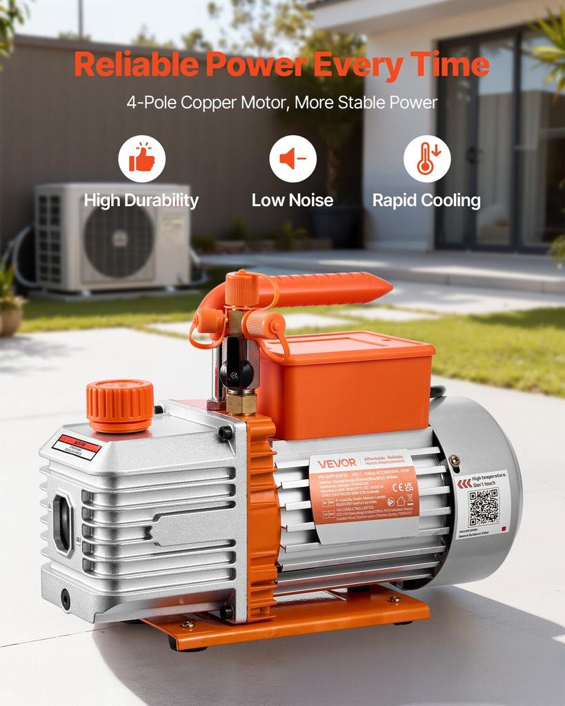Vacuum Pump, 5 CFM 142 L/min, HVAC Two Stage Rotary Vane AC Vacuum Pump, for R134a R22 R410a Systems, 4 Pole Motor, for Automotive Air Conditioner