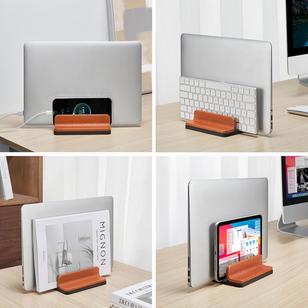 GemRich Vertical Laptop PC Stand with Tablet Storage for MacBook and Stylish Leather 2 Brown Stand, iPad, Pro, Air, Finish, Slots,