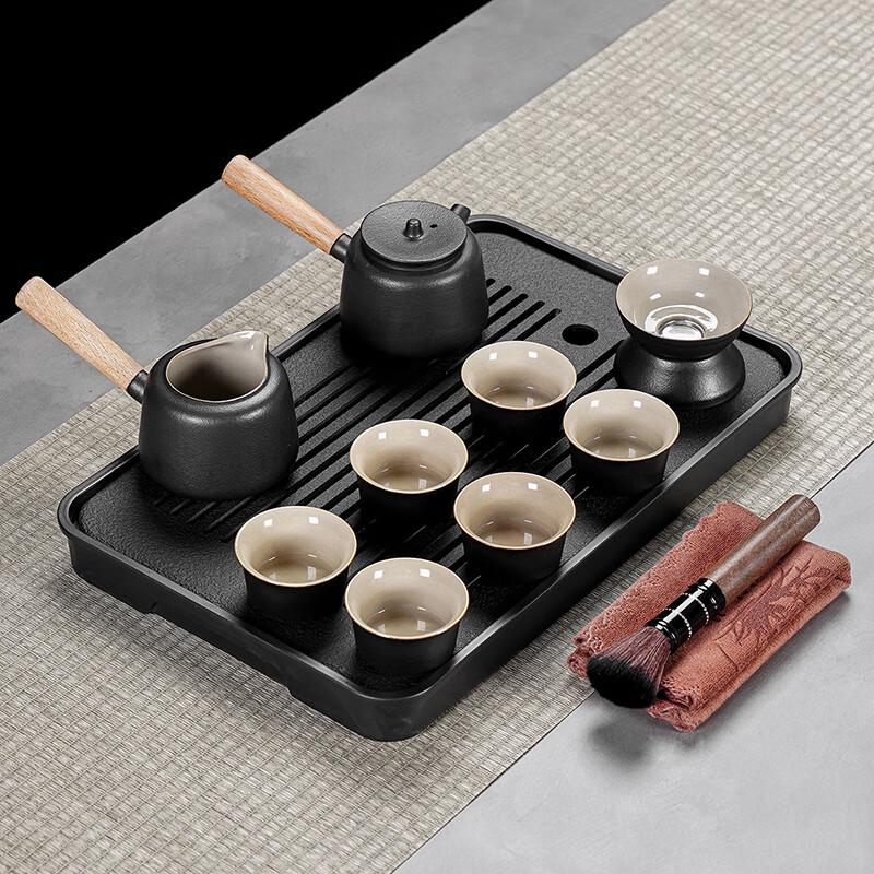 Laino Black Pottery 9-Piece Tea Set with Side-Handle Pot
