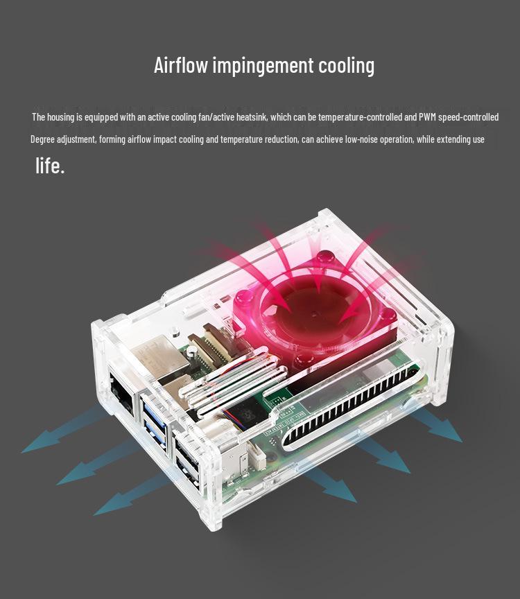 Raspberry Pi 5 Transparenter Acryl-Case mit PWM-Lüfter, Kühlkörper & Kameraschutz