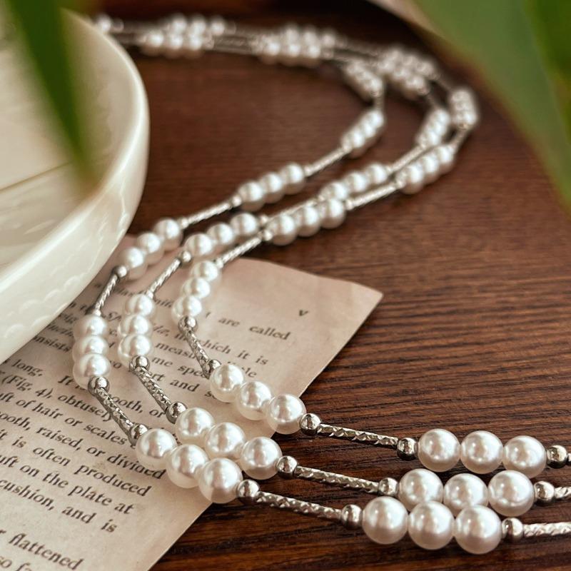 Silver Tone Twisted Chain Spaced Faux Pearl Choker Necklace
