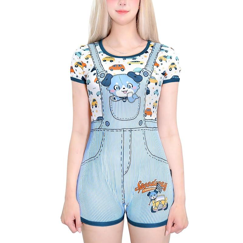 

LittleForBig Adult Romper Pajamas [Ao-chan and Racer] Fluffy Tail, 2-in-1 Striped Faux Overalls Romper, Blue, 4XL