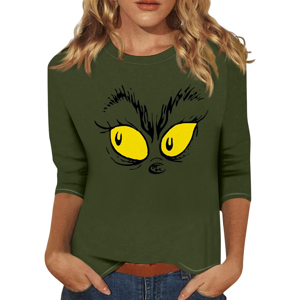 3/4 Sleeve Tops For Women T-Shirt Casual Christmas Print Tops T Shirt Round Neck Pullover Blouse