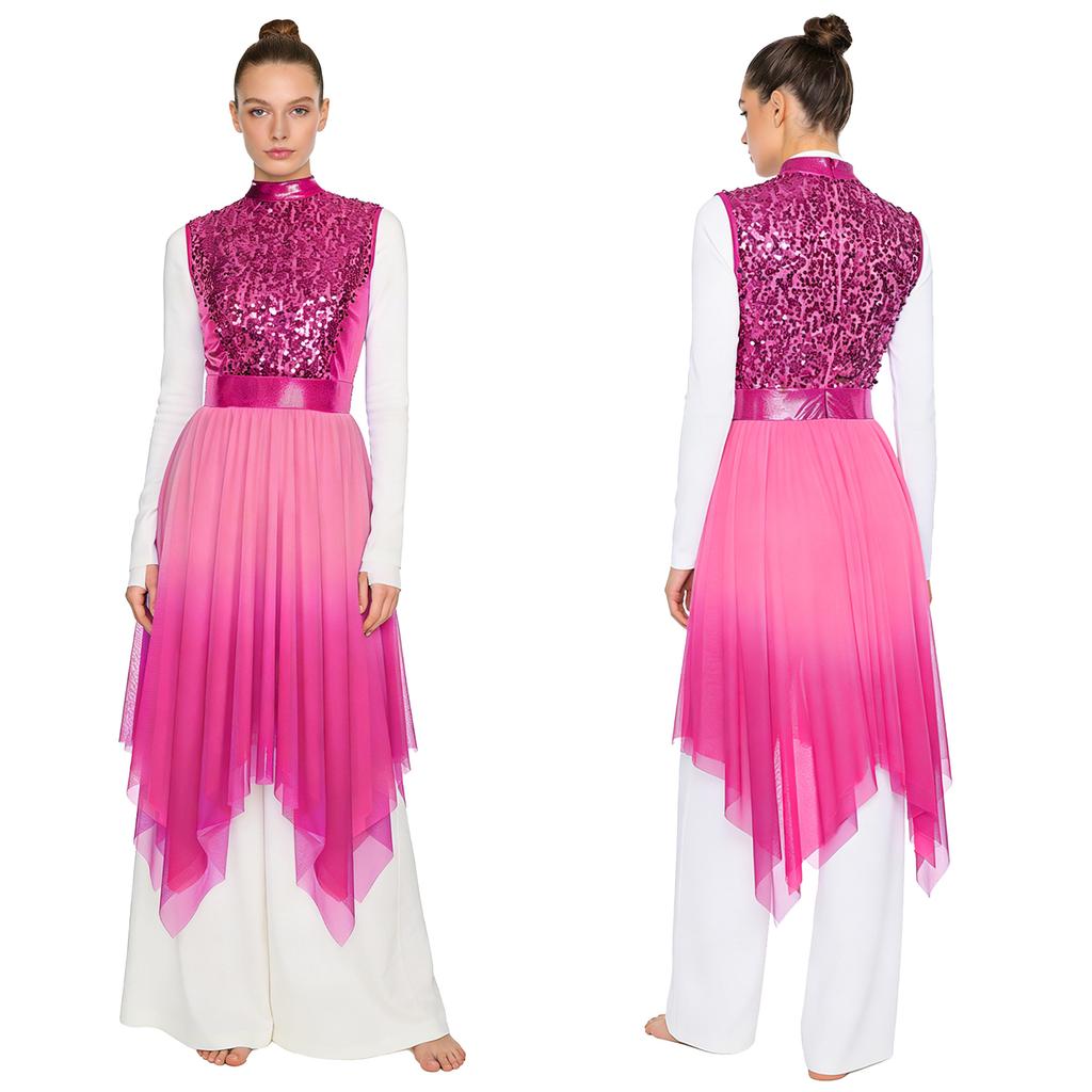 Womens Worship Praise Dance Dress Glittery Sequined Sleeveless Bodice Gradient Mesh Irregular Hem Lyrical Liturgical Dance Costume