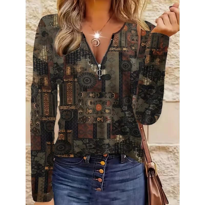 Elegantes Damenoberteil mit Reißverschluss und Print, langärmelig, stilvoll und vielseitig für Herbst und Winter, Freizeit- und Bürokleidung, maschinenwaschbar
