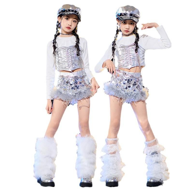 Girls Shiny Hip Hop Street Dance Pants Fashionable Jazz Performance Outfit for Kids Model Runway