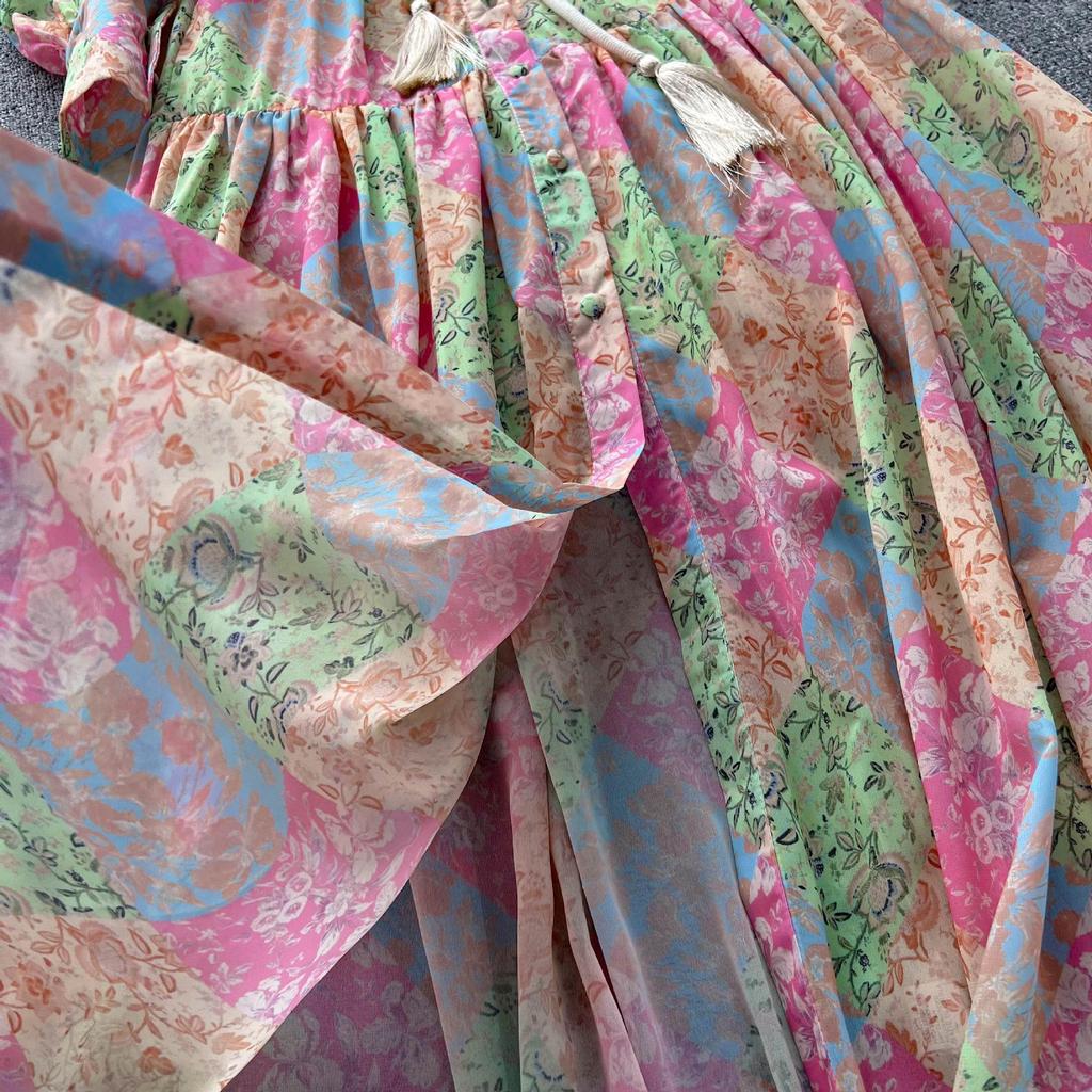 Women's Chiffon Print Dress: Stand Collar, Long Sleeve, Tie-Waist, Perfect for Spring & Autumn Vacations