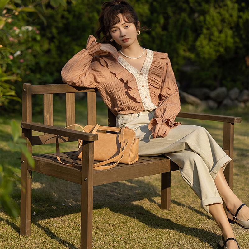 

MISHOW женские блузки весенний ретро пуловер с рюшами и пышными рукавами офисный женский топ с v-образным вырезом и длинными рукавами женский MXC12X0428 S оранжевый