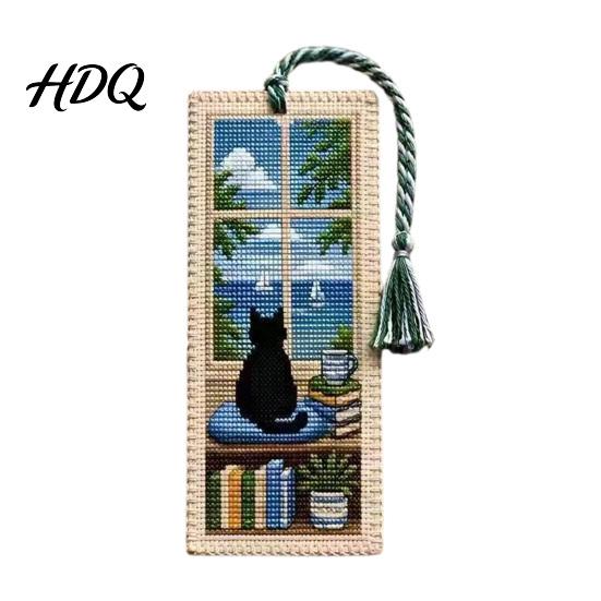 Tassel Bookmark Seasonal Cat Cross-Stitch Bookmark Four Seasons Black with Decor Braided Rope Handcrafted Book Page Marker for Lovers Window Scene