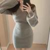 Korean Chic V-Neck Knitted Sweater Dress: Sexy Cross-Detail Hip Skirt for Spring & Autumn