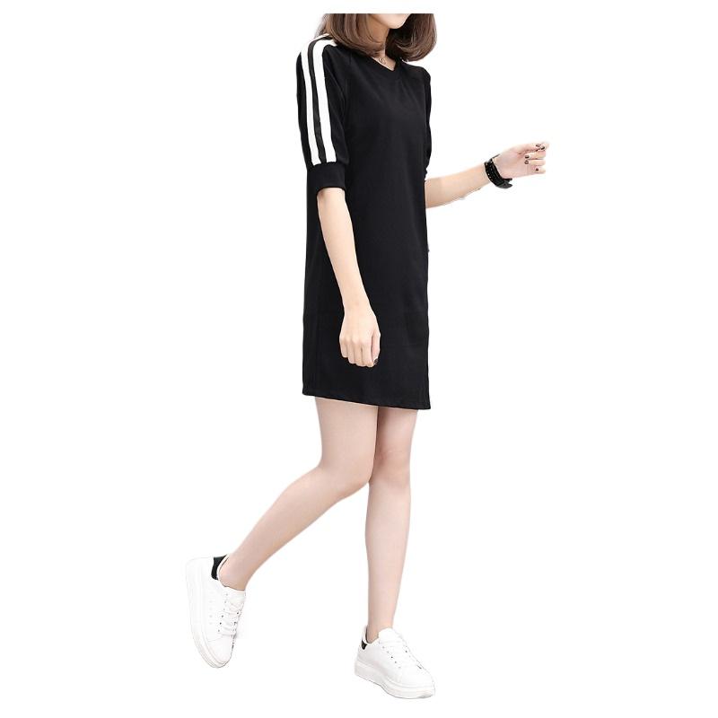 

Летнее новое платье средней длины с рукавами три четверти, повседневное, с темпераментом, тонкое, с неровным подолом, женская одежда в корейском стиле S чёрный