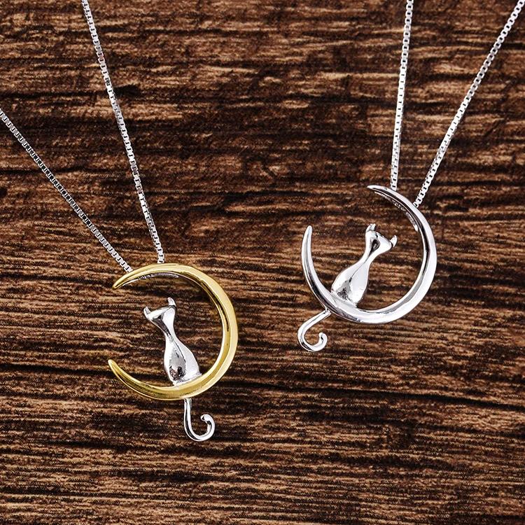 

Новые ожерелья из стерлингового серебра 925 пробы с луной и кошкой, подвеска, модные ювелирные изделия из стерлингового серебра для женщин, бижутерия серебряный