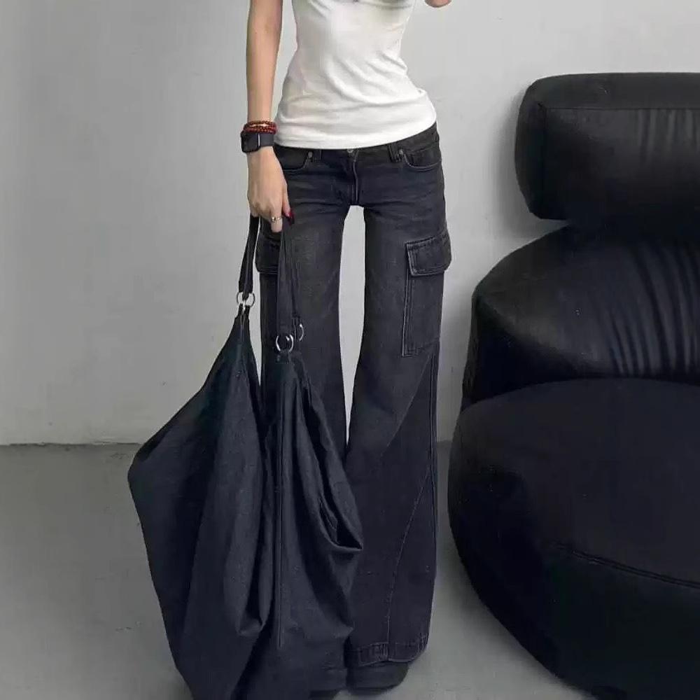 Women's Retro Flare Cargo Jeans - Spring Collection, Floor-Length Wide Leg Style