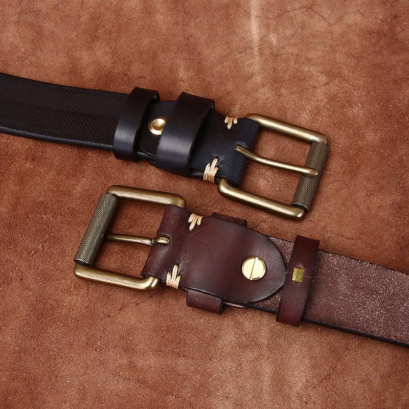 3.8Cm Wide Handmade Thickened Vegetable Tanned First Layer Cowhide Belt Men'S Genuine Leather Pin Buckle Casual Retro Denim Belt Men'S