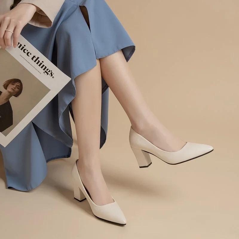 Fashion Soft Leather Fabric Heels Pumps Shoes Pointed Toe Shoes Woman Square Slip-On Heel Slip Lady Office Casual Work Shoes