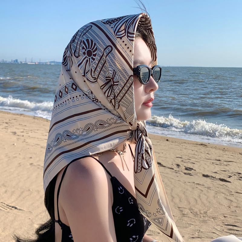 Nordic simple silk scarf long female French retro black and white striped large square scarf tied hair ins headscarf headband shawl