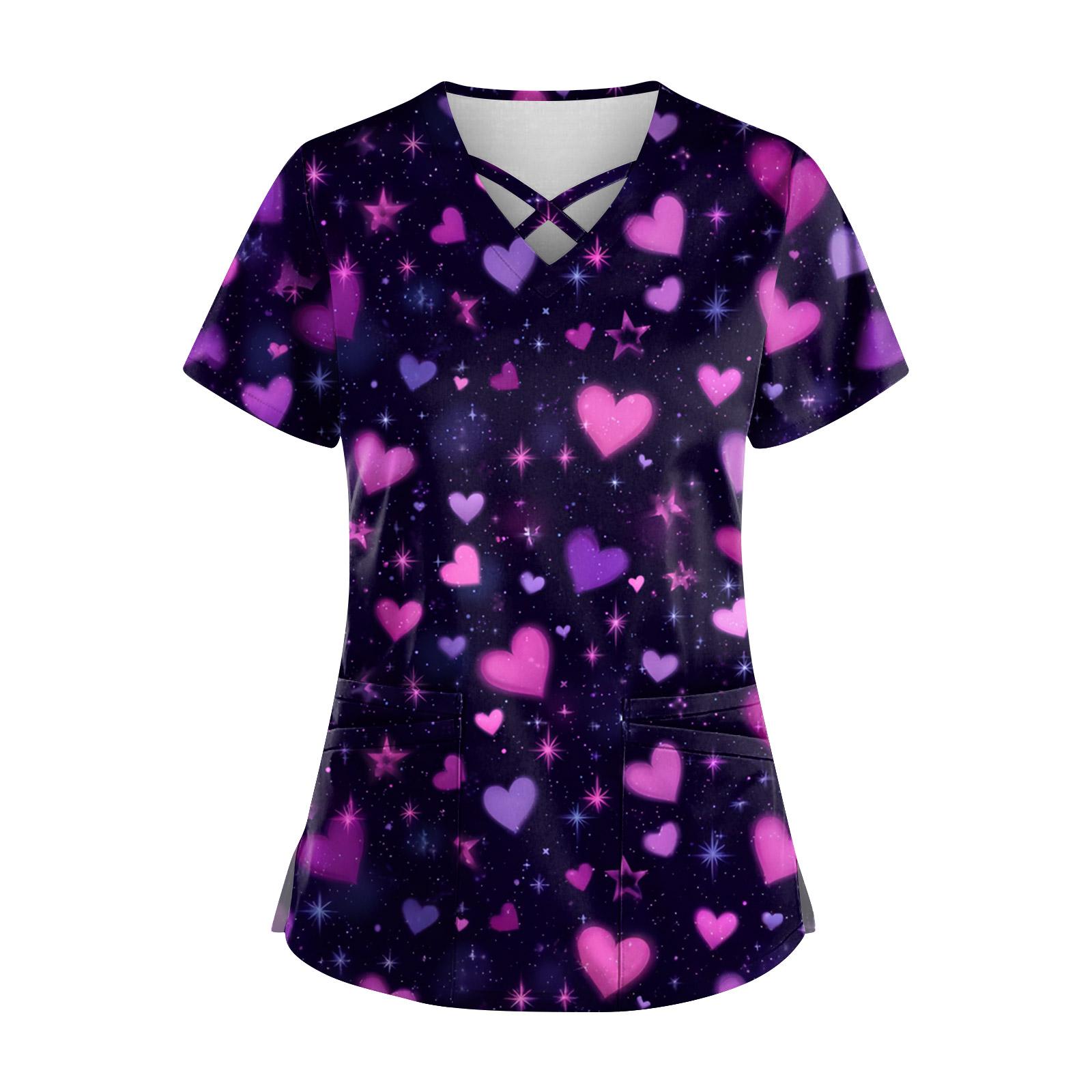 

Женский топ с коротким рукавом, ступенчатым V-образным вырезом, принтом и карманом, быстросохнущий XL фиолетовый