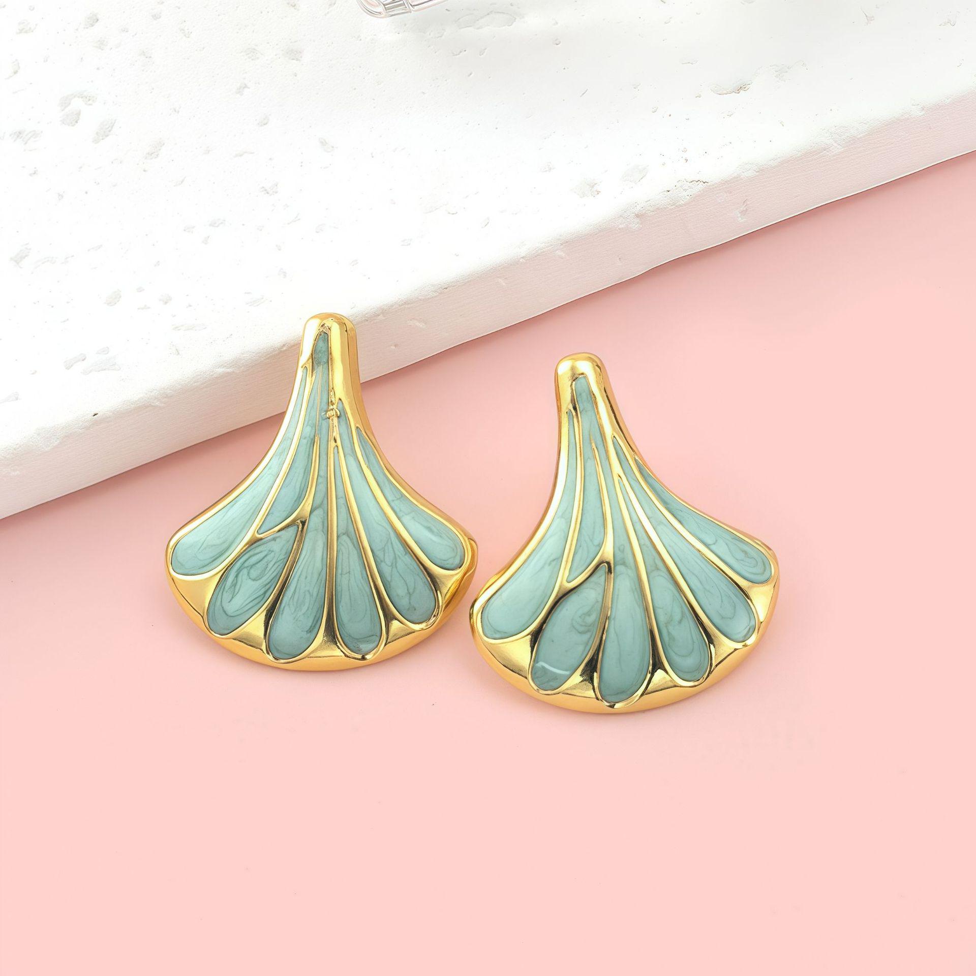 Gold Plated Ginkgo Leaf Fan Earrings, Stainless Steel Tassel Studs for Women