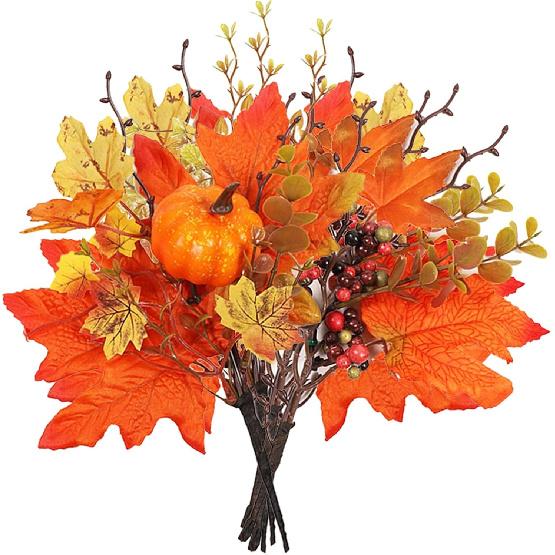 BEIJIALY 6Pcs Fall Floral Picks, Thanksgiving Table Flower Decor Fall Maple Leaves Branches with Pumpkins Berries Decor Fall Silk Leaves Branches for