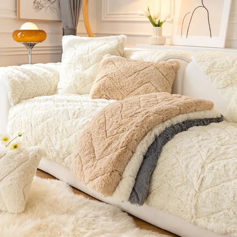 Super Soft Plush Sofa Towel Solid Color Modern Non-slip Couch Cushion Cover Thicken Warm Winter Bay Window Mat for Living Room