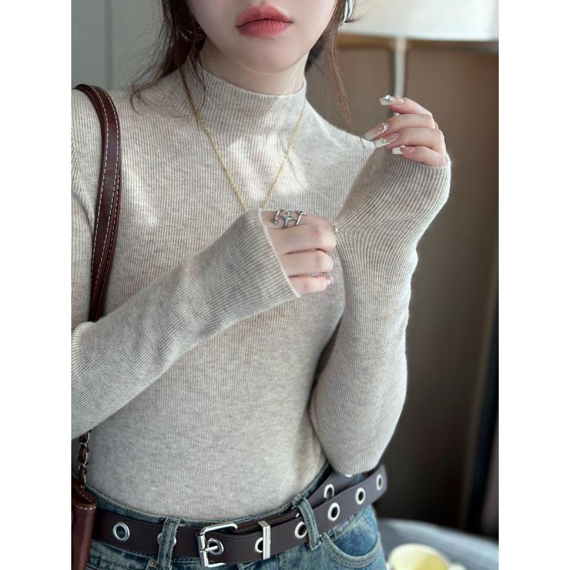 Knitted bottoming shirt for women's spring and autumn new models with gray semi-turtleneck sweater slim-fitting long-sleeved knitted top for women