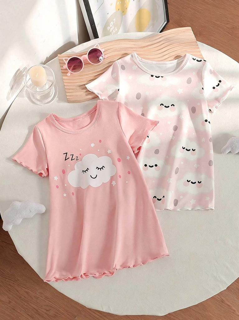 Baby Girls 2-Pack Cloud Print Nightgowns, Short Sleeve Sleep Dresses for Toddler Girls 6M-3Y
