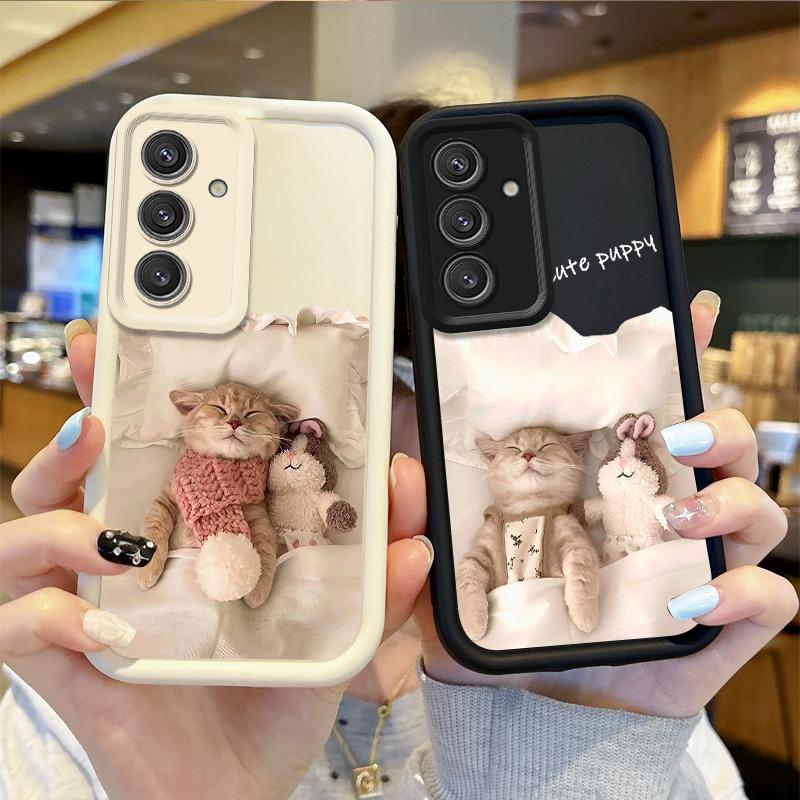 Cute Sleep Cat Silicone Phone Case For Samsung Galaxy S25 S24 S23 S21 Ultra Plus S24 S23 S21 S20 FE A73 A55 Soft Dustproof Cover