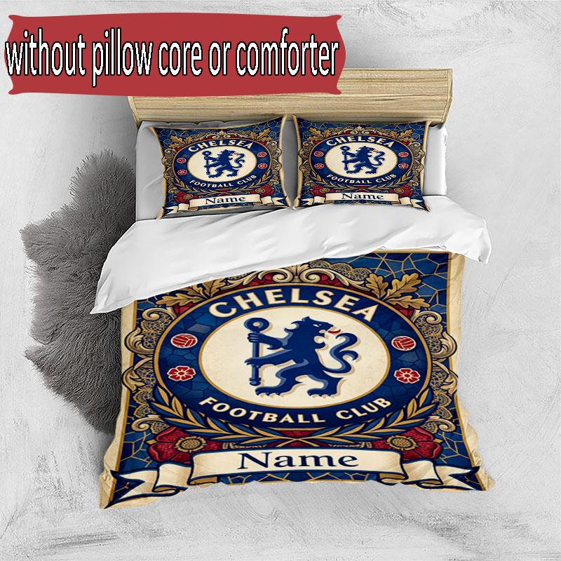 3pcs Duvet Cover Set (1*Duvet Cover + 2*Pillowcase, Without Core), Custom Name Chelsea Football Club Pattern Bedding Set, Home Bedroom Decor Gift