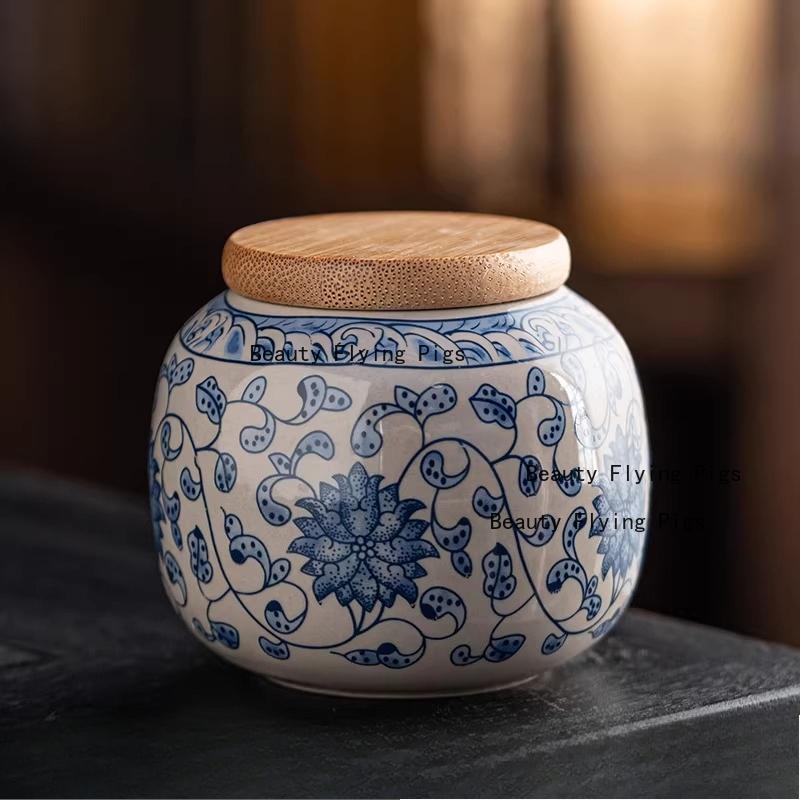 Ceramic Blue and White Tea Jar Moisture Proof Powder Container Chinese Spice Jar Facial Mask Powder Can Tea Ceremony Accessories