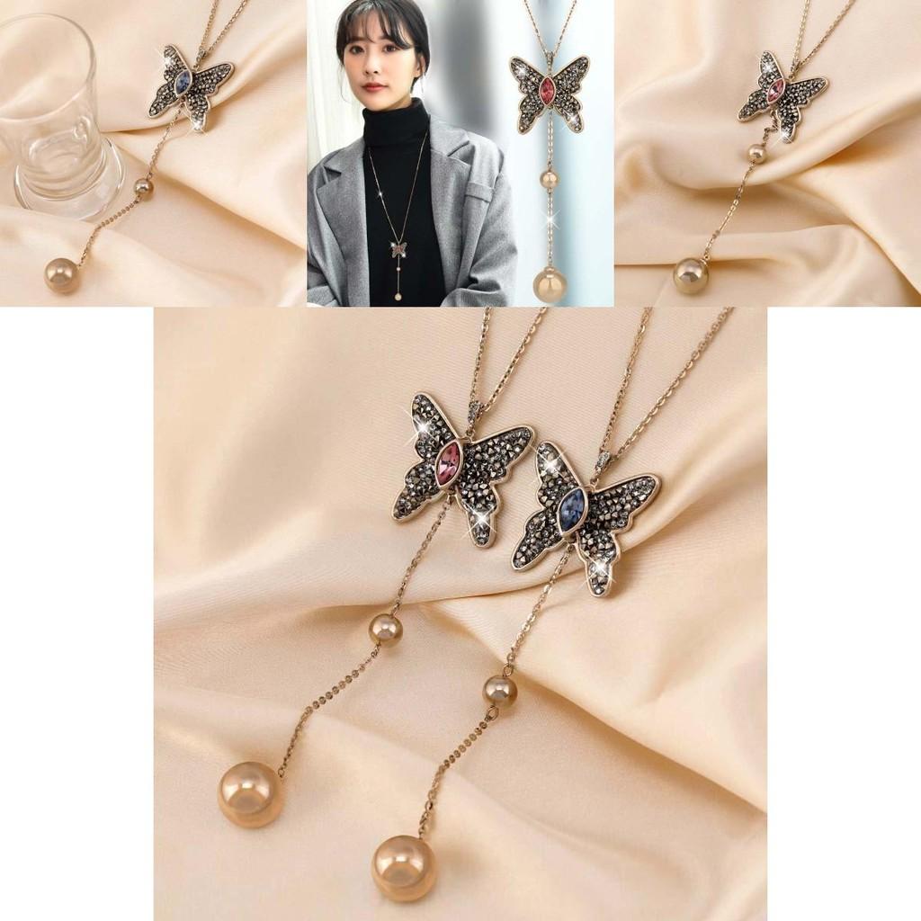 Elegantes Schmetterlings-Anhänger-Langhalskette für Damen im stilvollen koreanischen Design mit Edelsteinakzenten