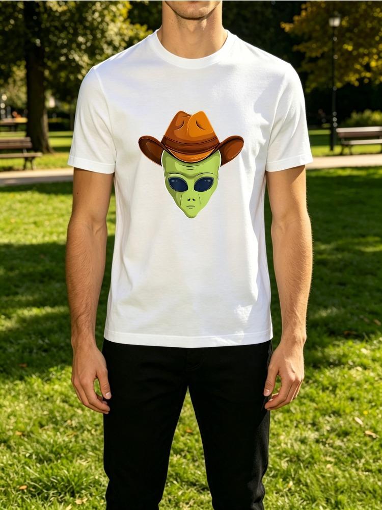 Cowboy Hat Wearing Green Alien Head Funny Cartoon Art Graphic Unisexs Crew Neck Short Sleeve Tee Casual Daily Soft Basic Wear Top