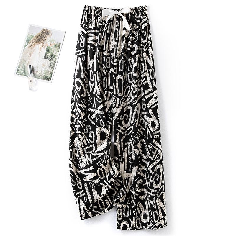 Pantaloni de pijama din bumbac mătase pentru femei, secțiune subțire de vară, anti-țânțari, pantaloni cu picior lat, culoare uni, pentru exterior, casă, petrecere a timpului liber, imprimeu, pantaloni de plajă până la genunchi