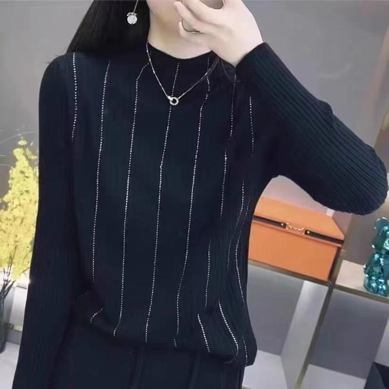 Autumn and Winter Women's Sweater with Drill Pit Strip Half Turtleneck Sweater Long Sleeve Pullover Sweater with Western Base for Women