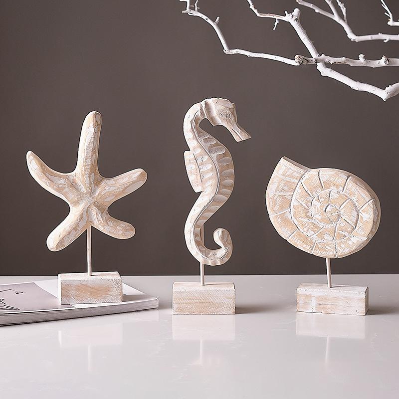 

3PCS Mediterranean Starfish Conch Seahorse Statue Figurines Crafts Office Ornament Desk Accessories Home Decor