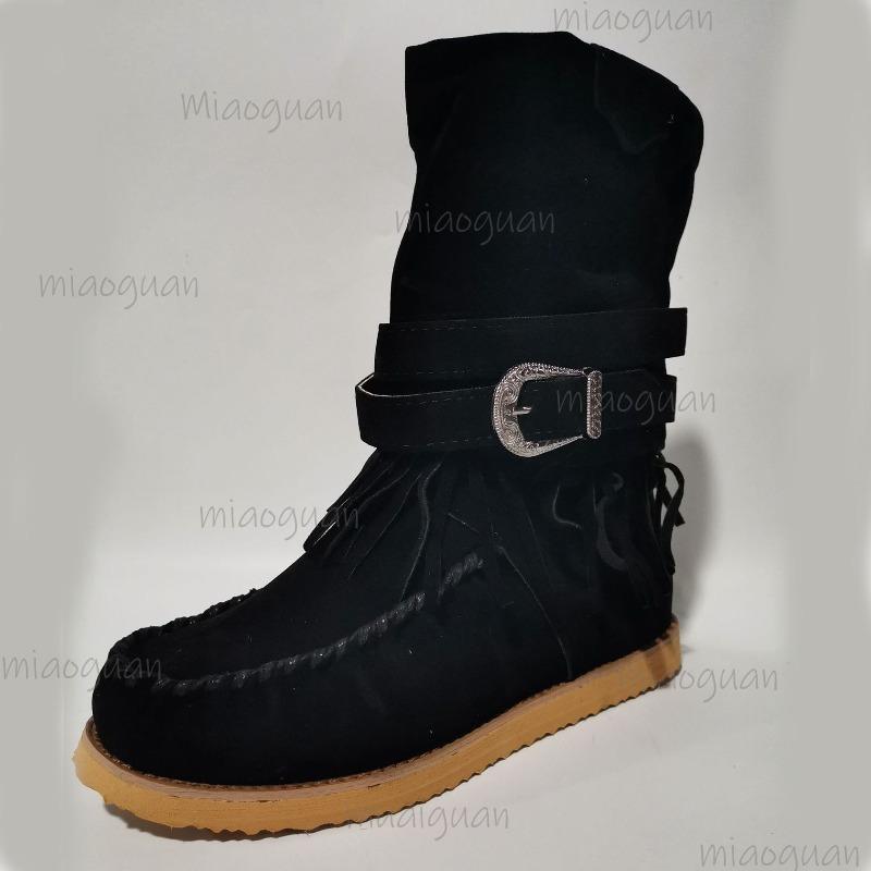 Tamanho 36-43 Estilo Ocidental Primavera Outono Tiras com Fivela Botas de Meia-Panturrilha Slip-on Franjas Curtas Moda Feminina Botas Mujer