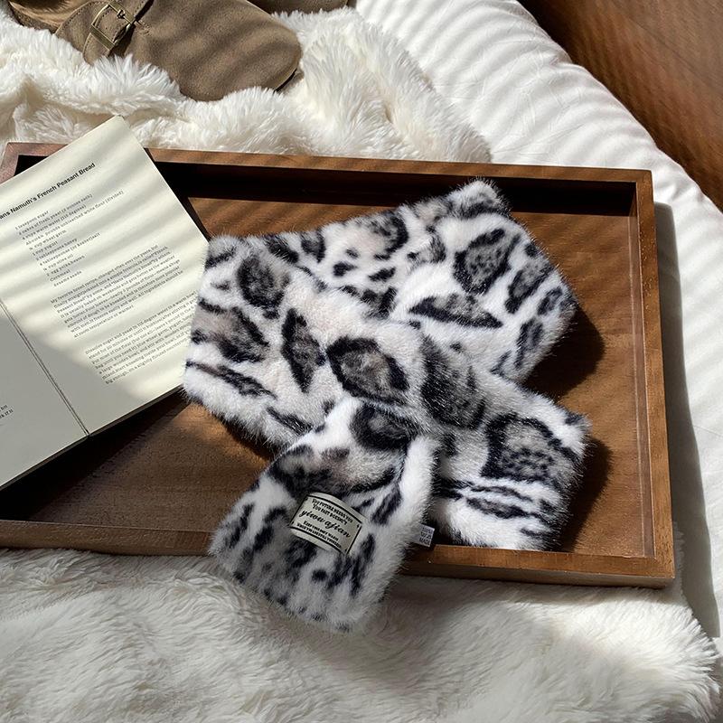 Outdoor Thicken Warm Leopard Print Scarf Soft Windproof Scarf Faux Rabbit Fur Faux Collar Cross Scarf Women S Wear