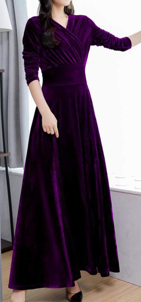 ZHONGJUE Long Sleeve Maxi Formal Performance Dance Plus Size Dress, V-Neck, High-Waisted, Flared, A-Line, Slimming, Dress, Dress, Dress, (Purple, 6)