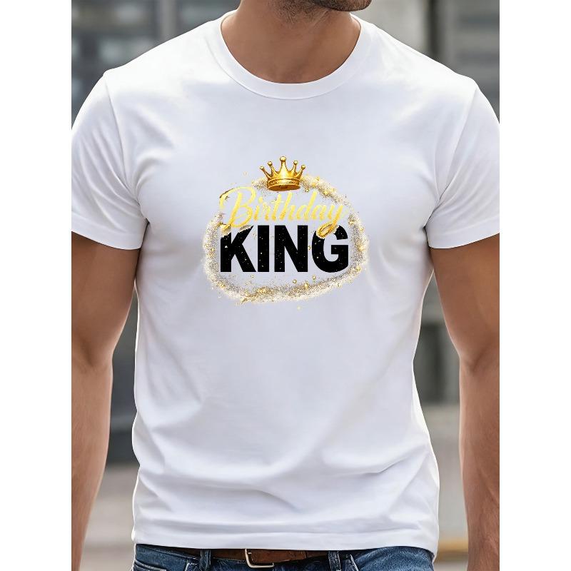 

European sizes Fashionable Birthday King Themed T-Shirt with Golden Crown | Casual, Versatile, All-season, Regular Fit, Crew Neck, Short Sleeve 4XL білий