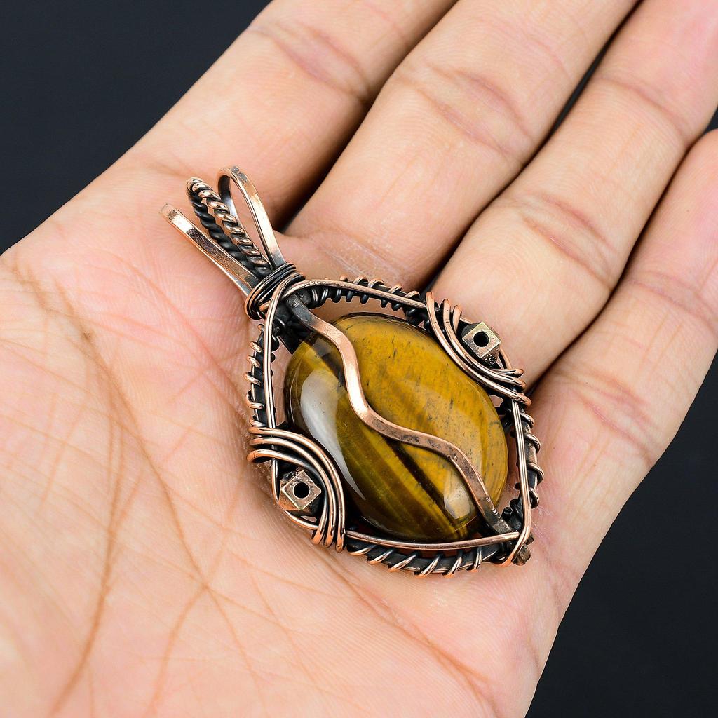 Tiger Eye Pendant, Handmade Gemstone 999 Copper Wire Wrapped Pendant Antique Jewelry, For Gift Silver Jewelry