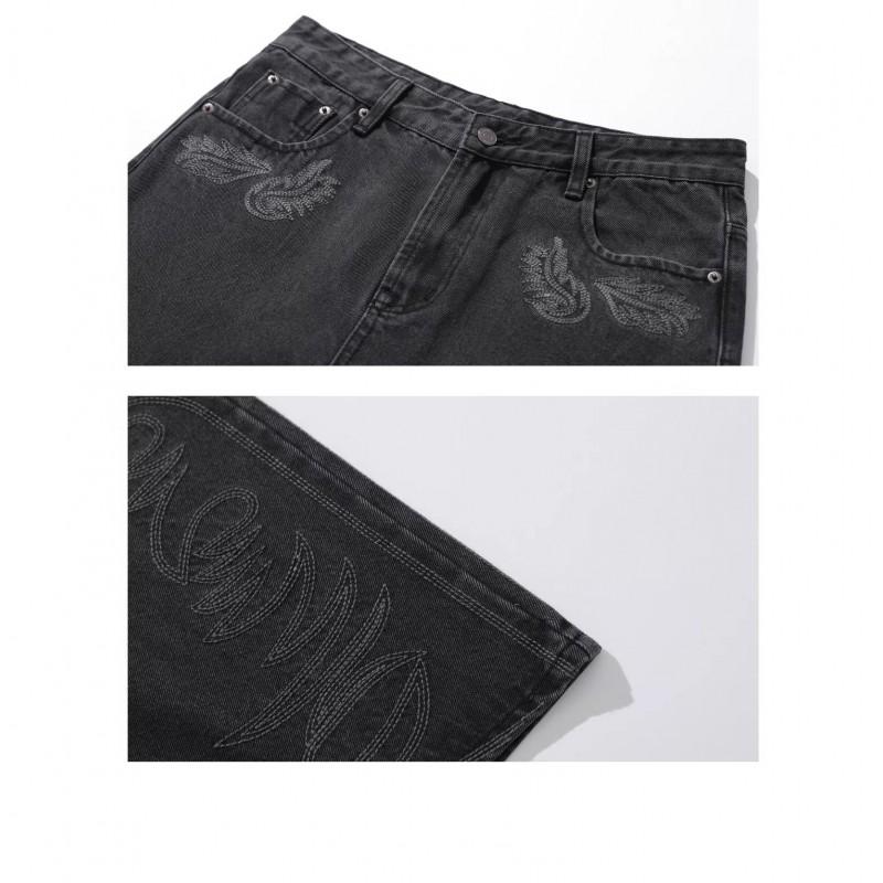 Mens Vintage Washed Embroidered Flare Jeans Loose Straight Leg Vibe Style Casual Denim Pants