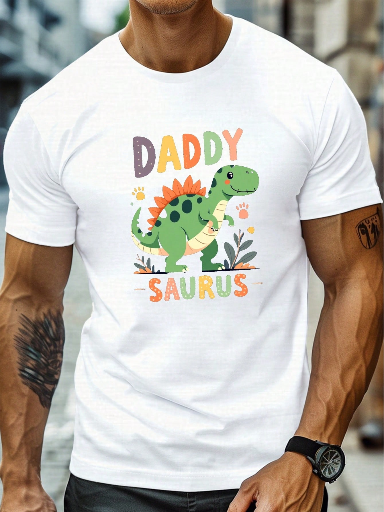 MenS Daddy Saurus Graphic Tee Casual Crew Neck Short Sleeve T Shirt Lightweight Summer Top with Vibrant Dinosaur Print S