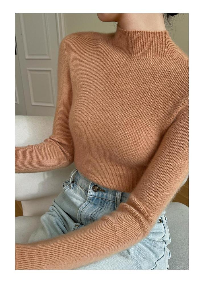 Women's Autumn/Winter Pure Cashmere Striped Slim-Fit Sweater with Half-High Neck