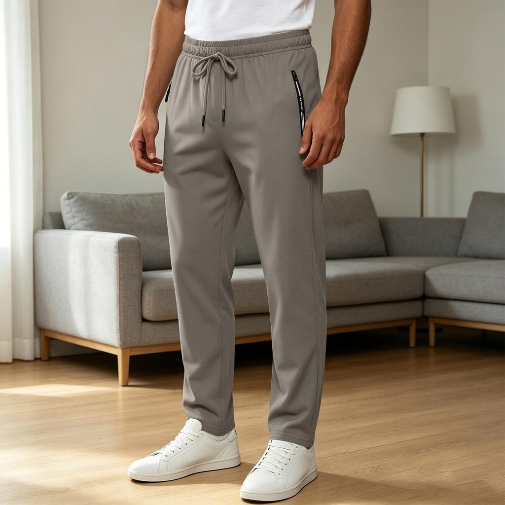 Erkek Hafif Esnek Nefes Alabilen Buz İpeği Günlük Pantolon, İpli Bel ve Fermuarlı Cepli, Günlük Giyim İçin