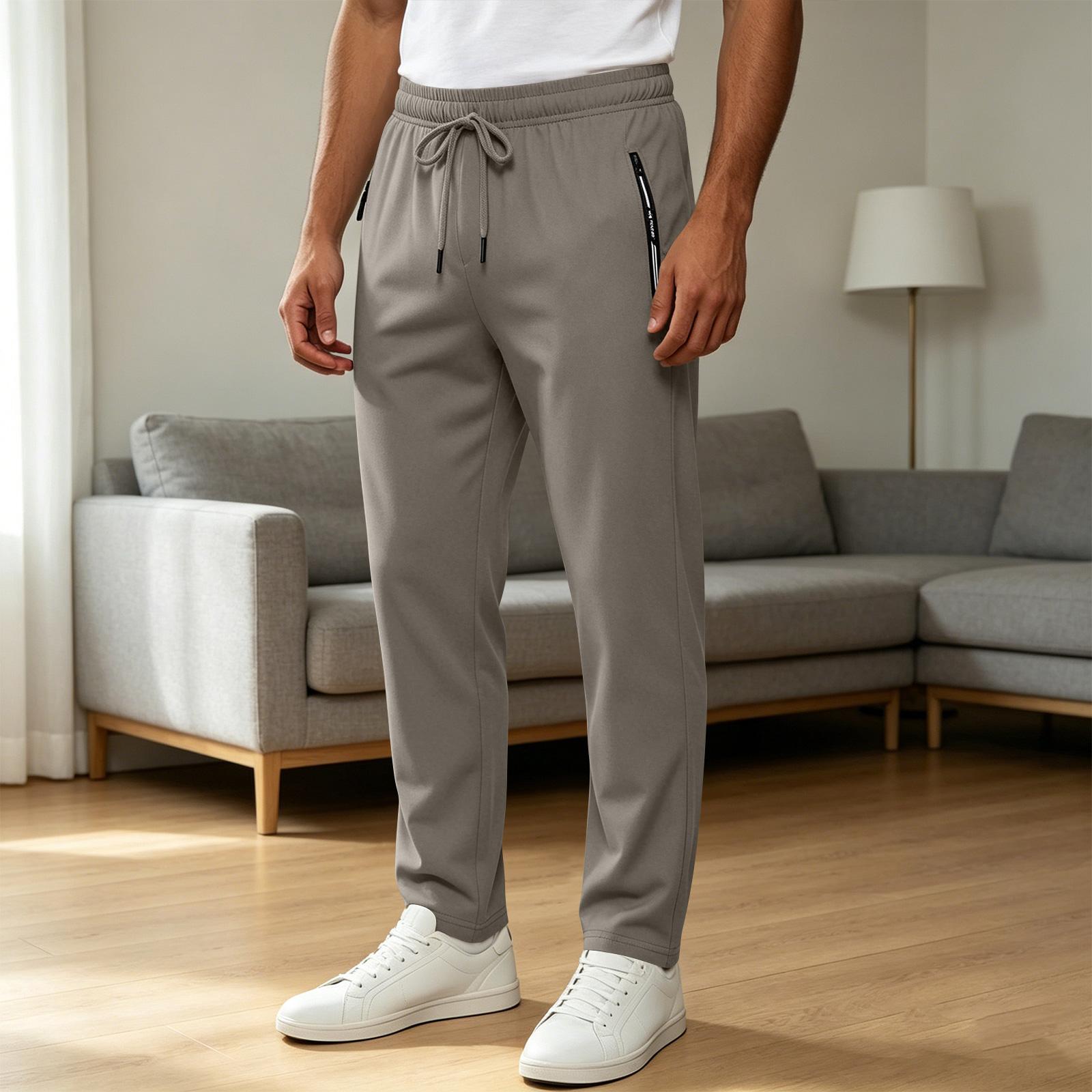 

Men Casual Ultra Lightweight Stretch Ice Silk Long Pants Drawstring Waist Zipper Pockets Breathable Relaxed Fit Trousers for Daily Wear M хакі