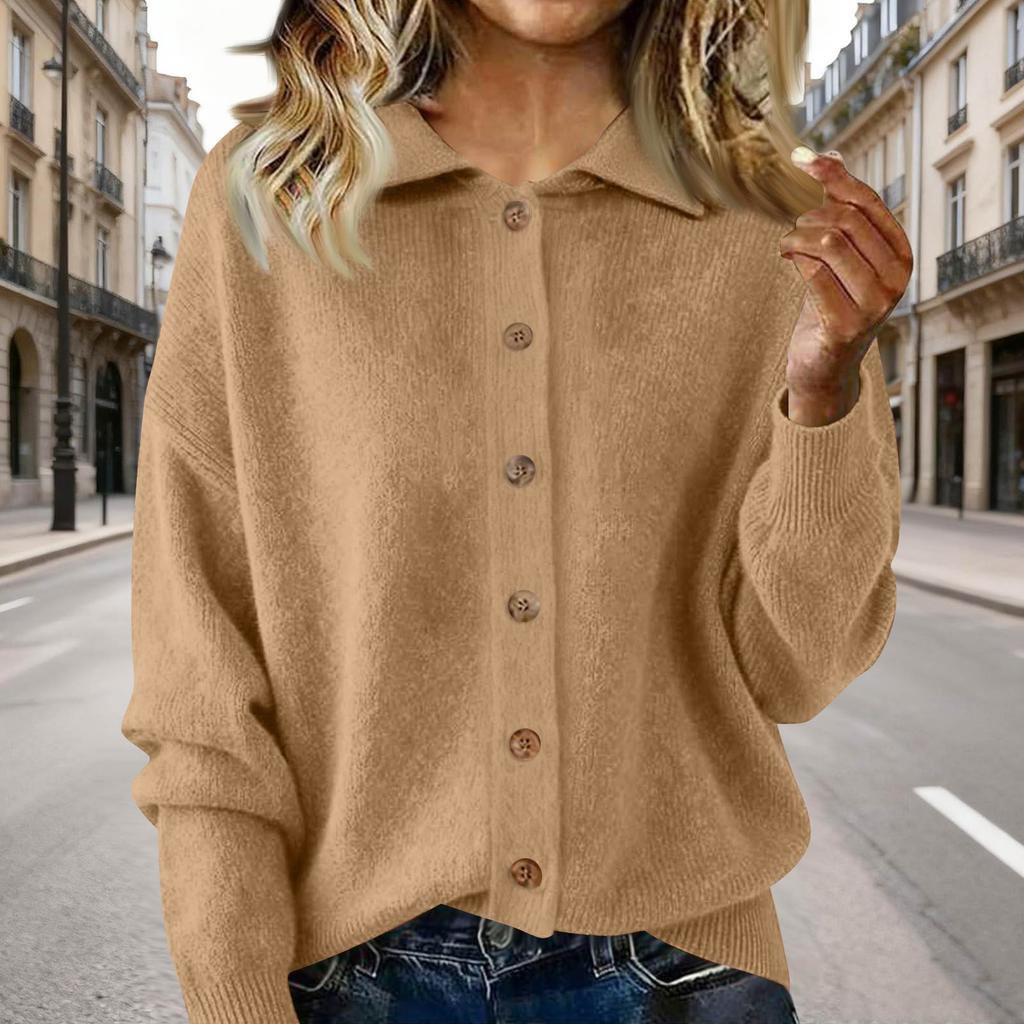 Women's Fashion Casual Solid-Colour Long-Sleeved Button-Front Knitted Collared Cardigan